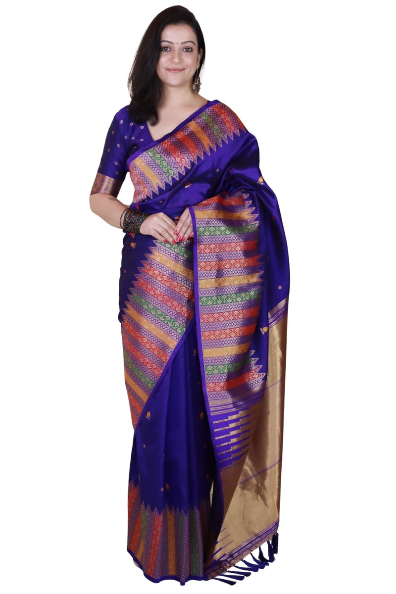 SGF11- Women's Kanjivaram Pure Soft Silk Handloom Saree Pure Golden Zari With Blouse Piece (Violet) - Image 1