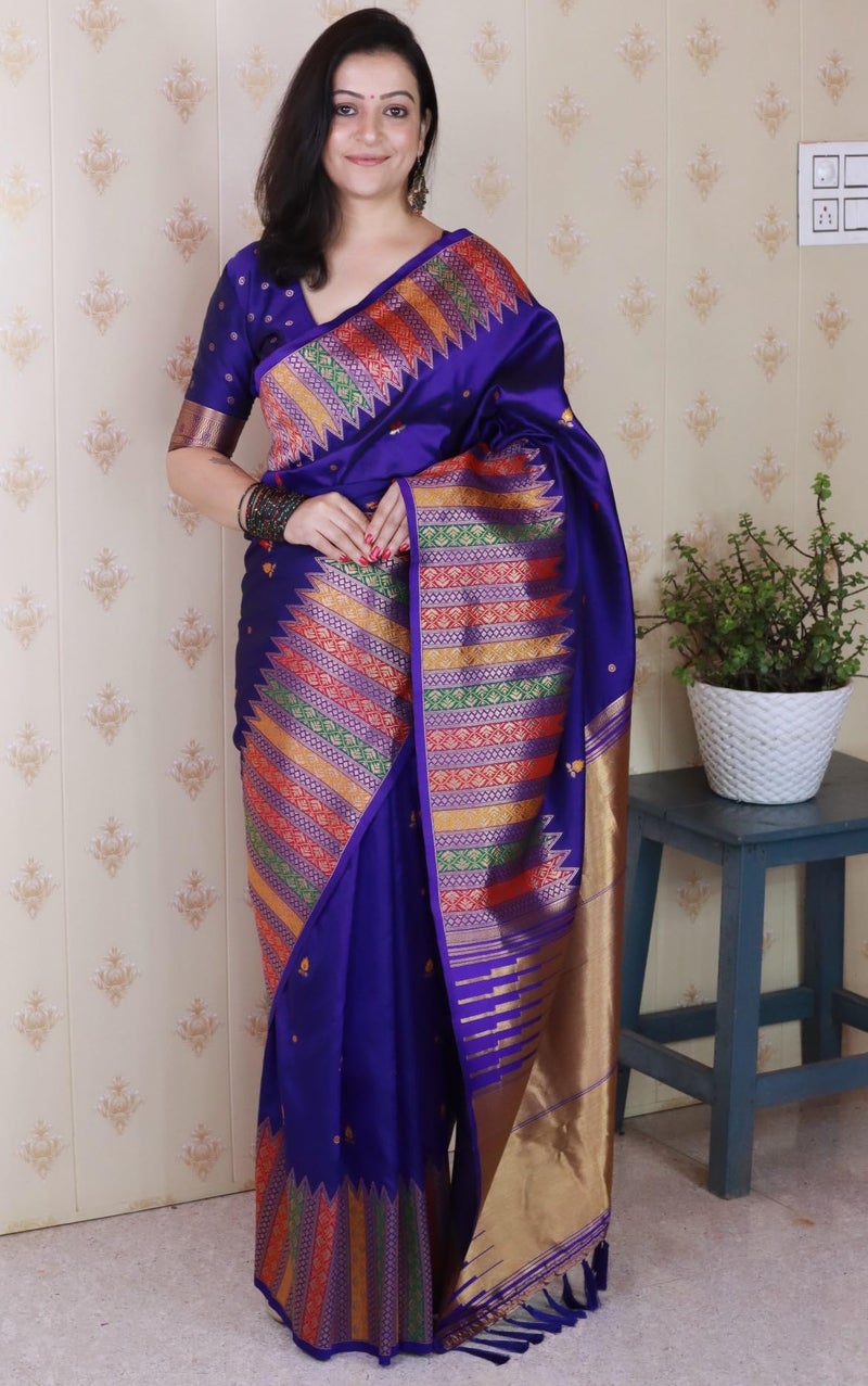 SGF11- Women's Kanjivaram Pure Soft Silk Handloom Saree Pure Golden Zari With Blouse Piece (Violet) - Image 2