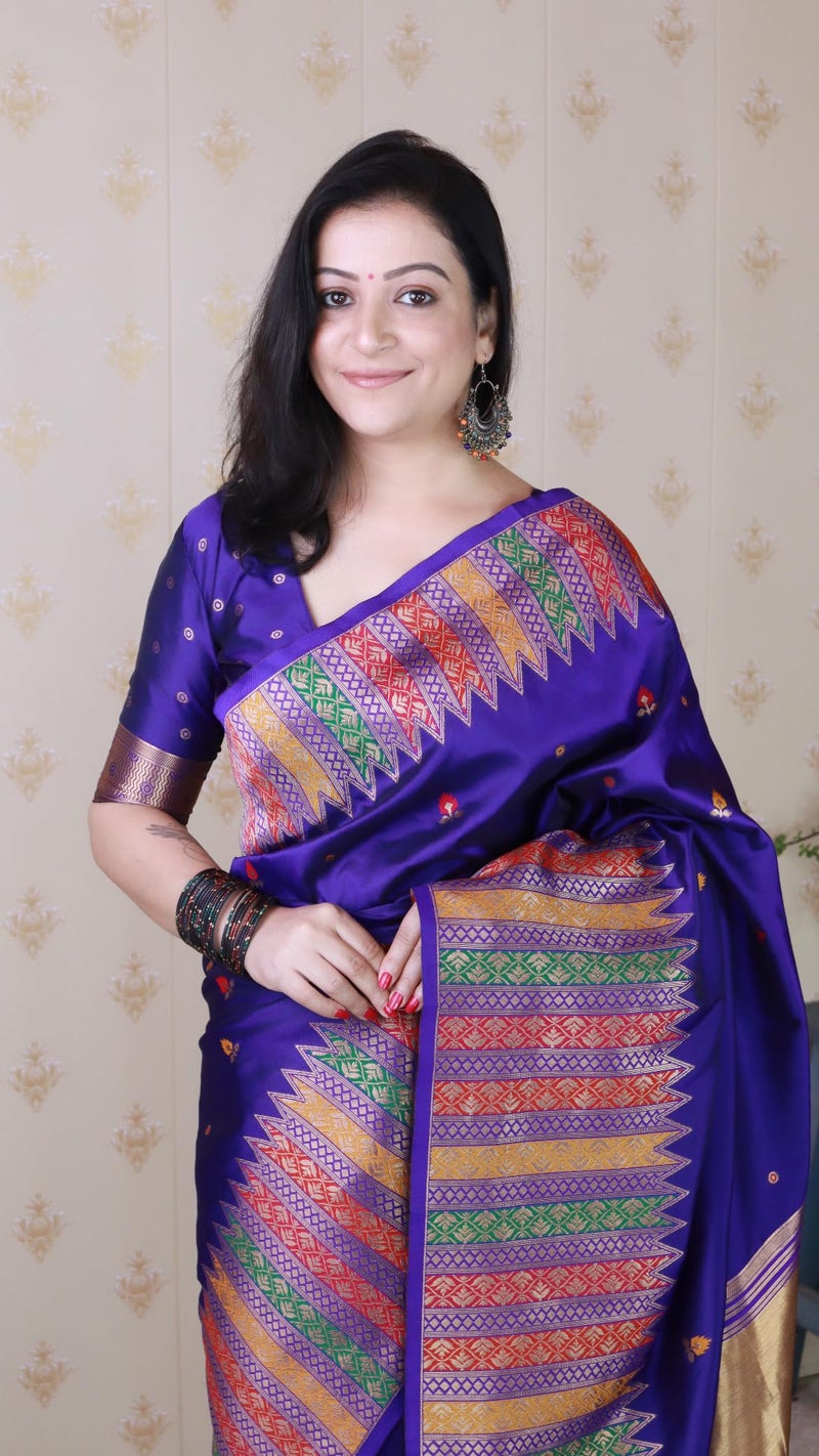 SGF11- Women's Kanjivaram Pure Soft Silk Handloom Saree Pure Golden Zari With Blouse Piece (Violet) - Image 3