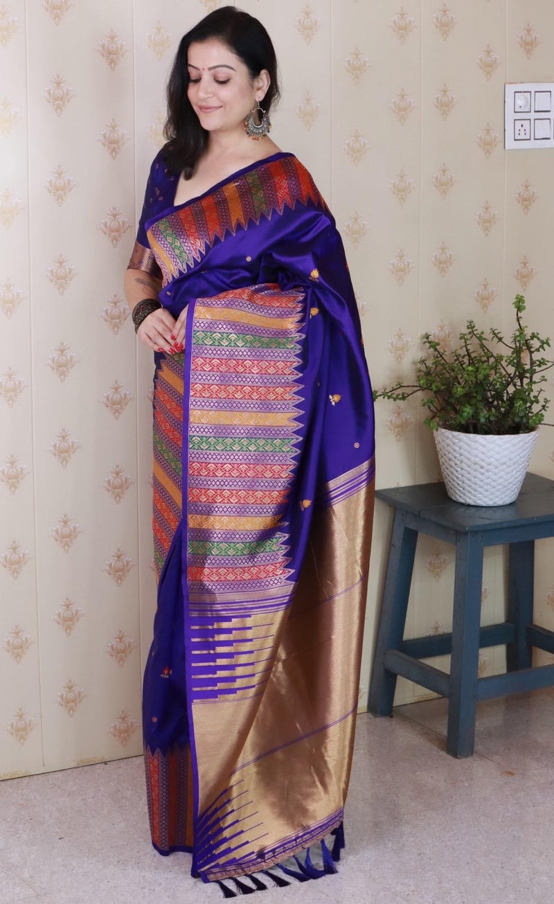 SGF11- Women's Kanjivaram Pure Soft Silk Handloom Saree Pure Golden Zari With Blouse Piece (Violet) - Image 5