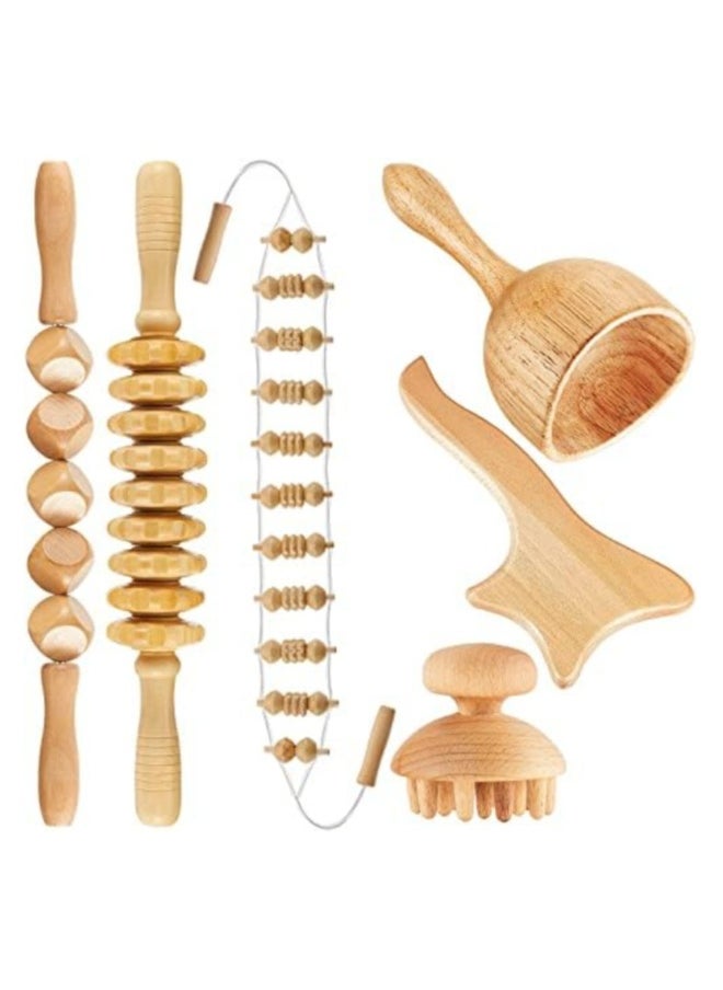 haleemy - 6 Pieces Wood Therapy Kit Massage Tools Maderoterapia Kit Wood Massager Roller Wood Gua Sha Manual Wooden Fascia Massage for Release Cellulite Muscle Blasting Pain Relief Body Sculpting Tools - Image 1