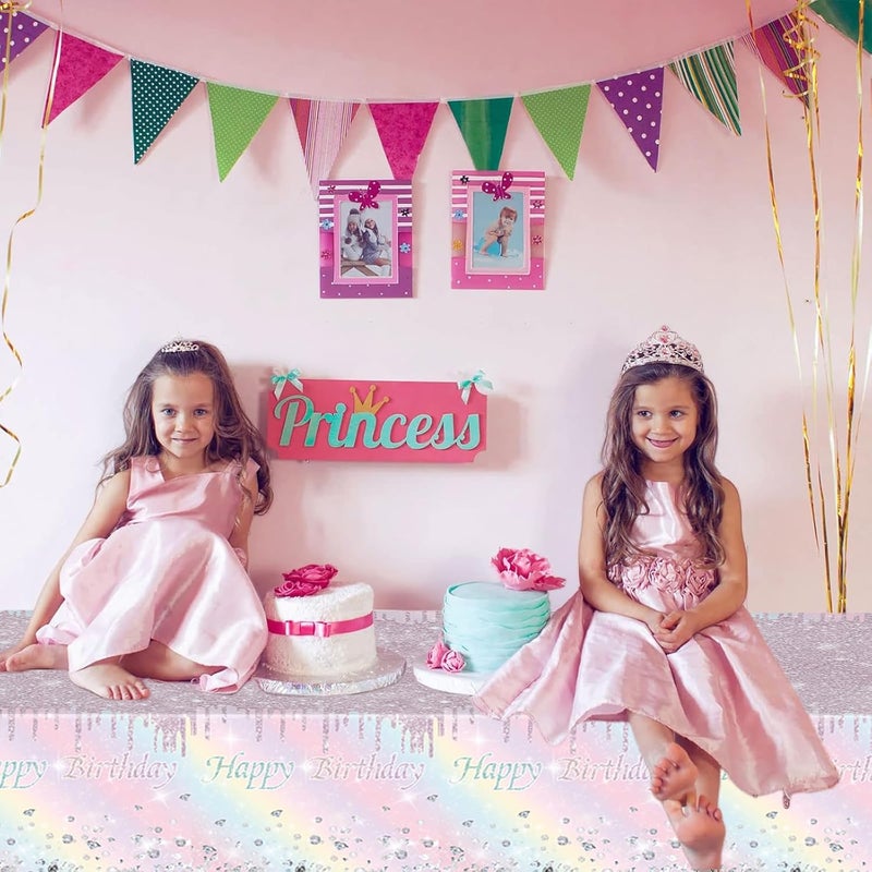 Mienocol 2pcs Pastel Rainbow Birthday Table Cloth Party Disposable Tablecloths,137 x274cm Shiny Glitter Diamond Birthday Party Rectangular Dining Table Cover for Baby Shower,Grils Birthday Party Table Décor - Image 4