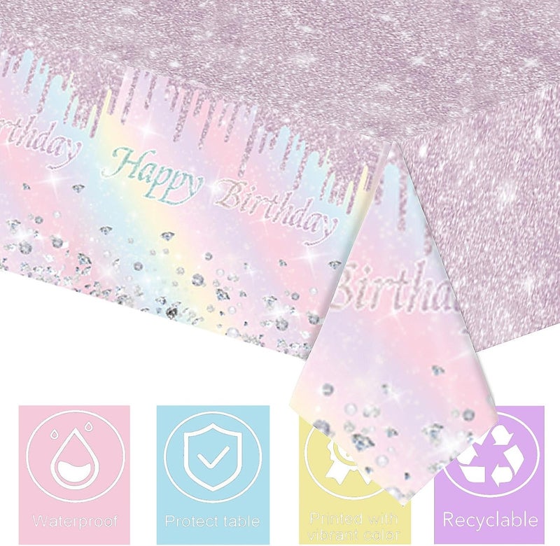 Mienocol 2pcs Pastel Rainbow Birthday Table Cloth Party Disposable Tablecloths,137 x274cm Shiny Glitter Diamond Birthday Party Rectangular Dining Table Cover for Baby Shower,Grils Birthday Party Table Décor - Image 3
