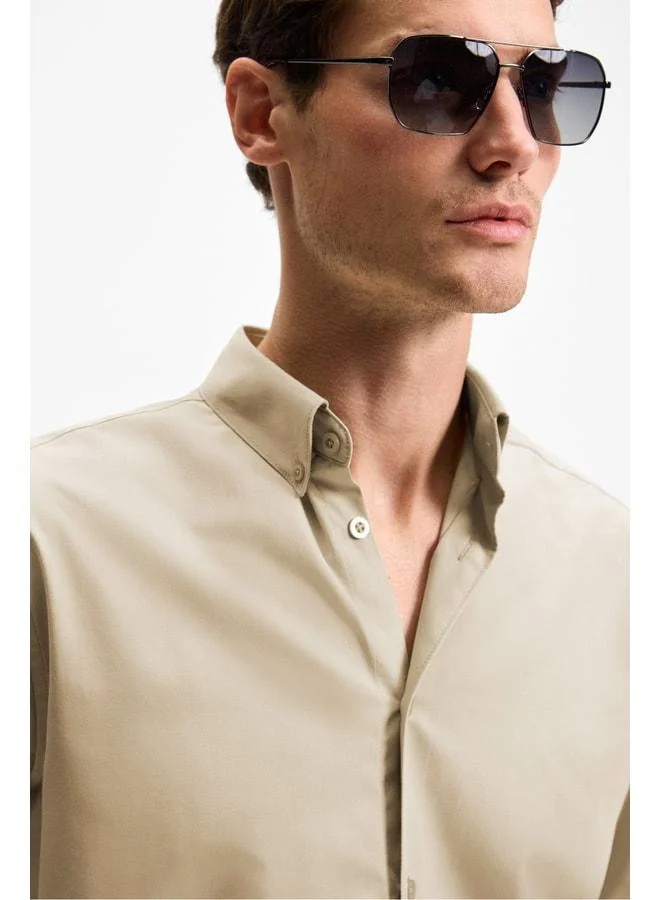 Grimelange RISTO Men's Button-Down Shirt with Collar and Cuff, Beige – Minimizes Ironing Needs After Washing.