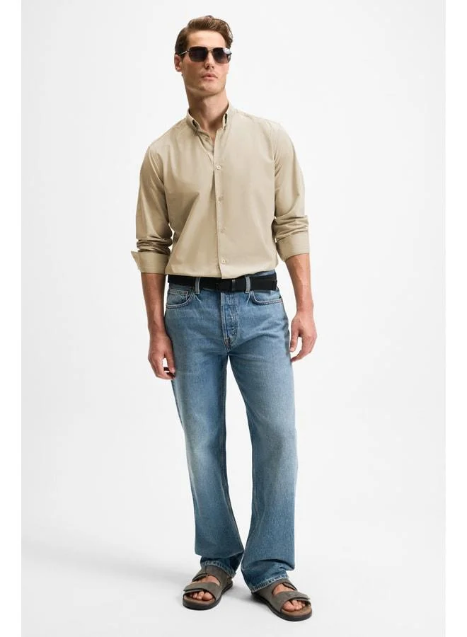 Grimelange RISTO Men's Button-Down Shirt with Collar and Cuff, Beige – Minimizes Ironing Needs After Washing.