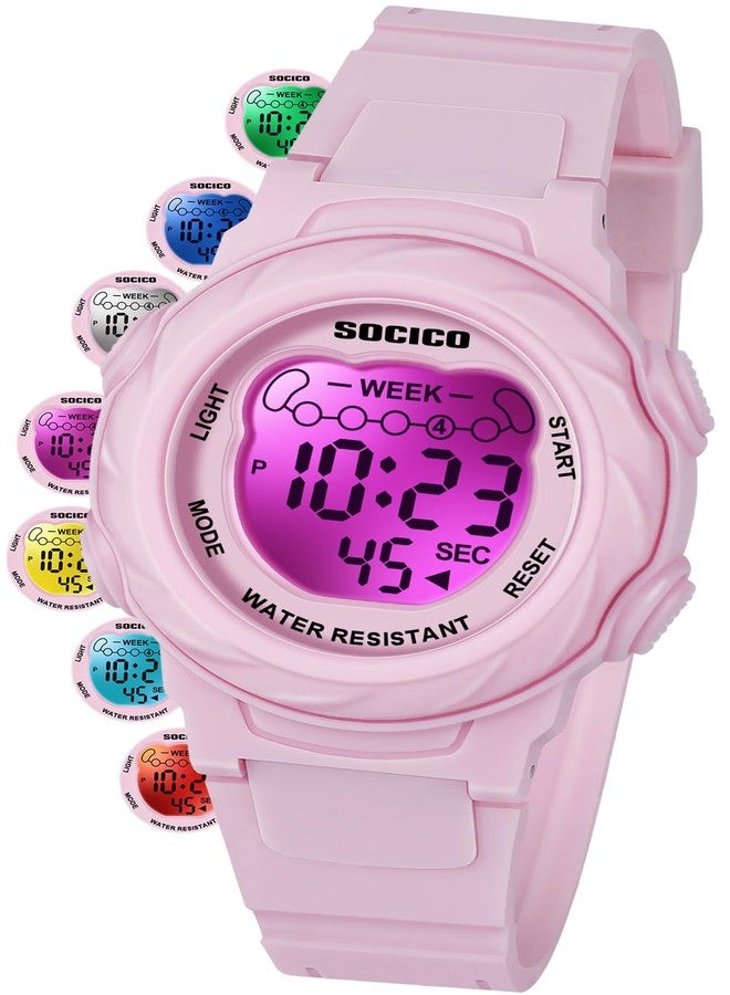 SOCICO Kids Digital Watches for Girls Boys, Waterproof 5ATM, 7 Color Lights Waterproof Watches for Kids with Alarm Stopwatch, Soft Band Wrist Watch for Girls and Boys Ages 5-12. - Image 1