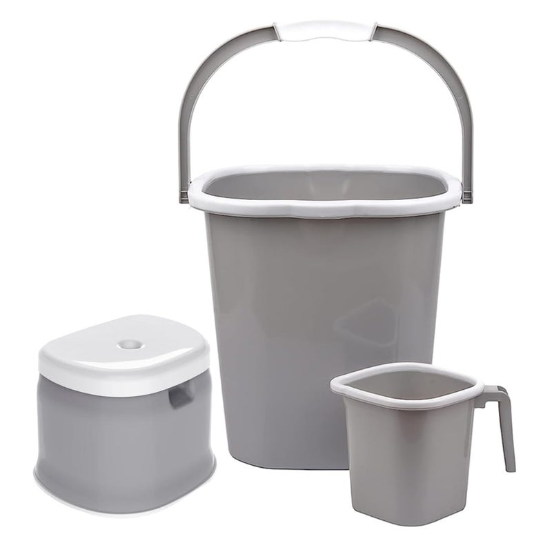AIR O MATIC AIR O MATIC New Plastic Double Moulded Unbreakable 3pc Square Bathroom Set Bucket 25L Mug 15L Stool Grey 