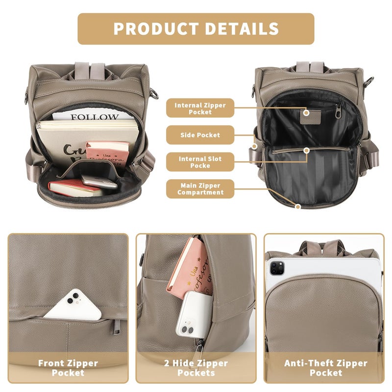 Wesccimo Genuine Leather Backpack Purse For Women Antitheft Real Soft Rucksack Fashion Designer Convertible Ladies Shoulder Bag Grey - Image 5
