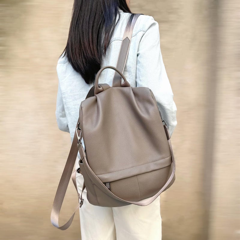 Wesccimo Genuine Leather Backpack Purse For Women Antitheft Real Soft Rucksack Fashion Designer Convertible Ladies Shoulder Bag Grey - Image 4