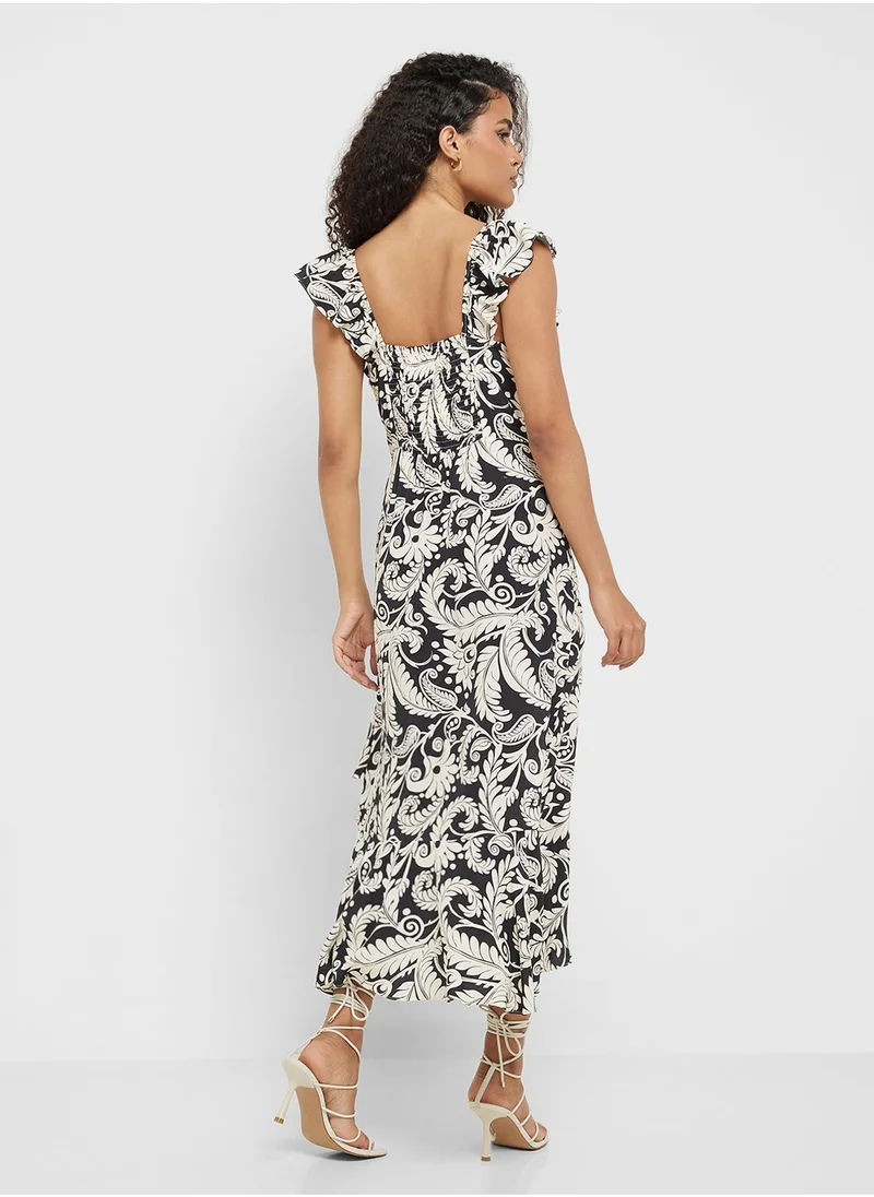 ليتل مسترس Mono Boho Print Frill Midi Dress