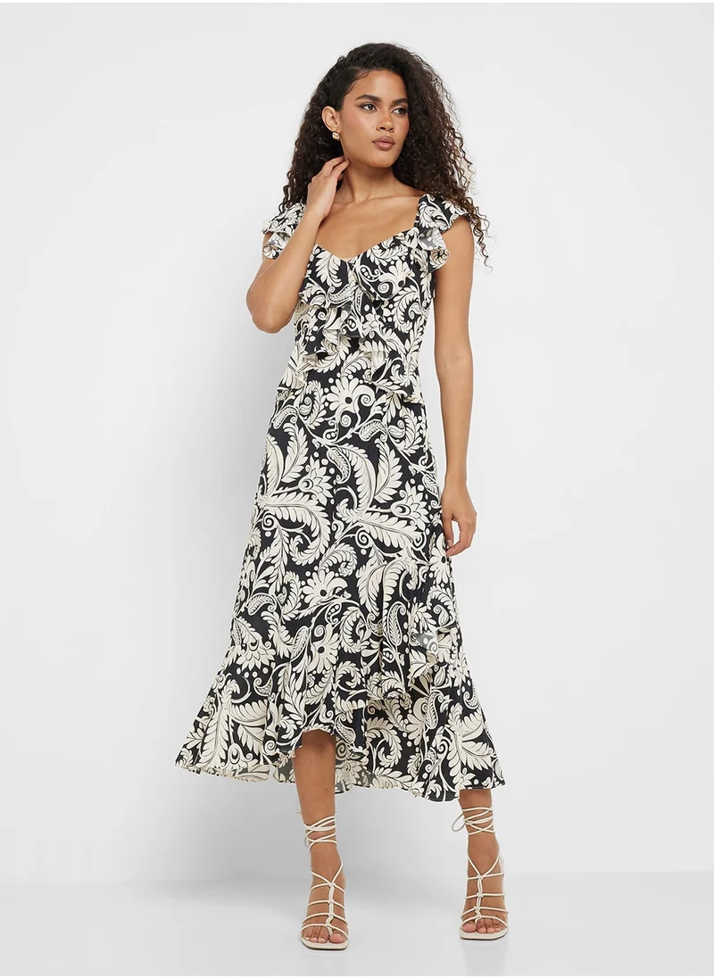 ليتل مسترس Mono Boho Print Frill Midi Dress