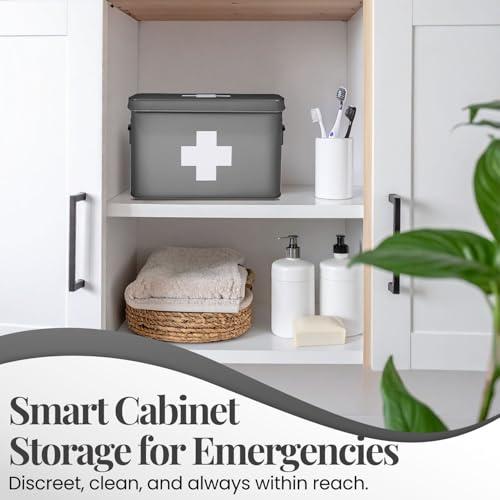 Flexzion Vintage First Aid Kit - 13" Gray Metal Box with Dividers, Removable Tray and White Cross Logo - Image 3