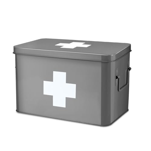 Flexzion Vintage First Aid Kit - 13" Gray Metal Box with Dividers, Removable Tray and White Cross Logo - Image 1