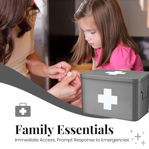 Flexzion Vintage First Aid Kit - 13" Gray Metal Box with Dividers, Removable Tray and White Cross Logo - Image 2