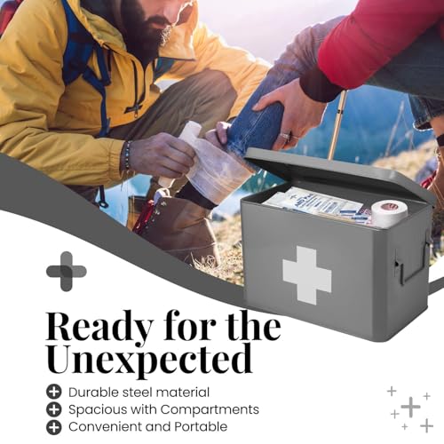 Flexzion Vintage First Aid Kit - 13" Gray Metal Box with Dividers, Removable Tray and White Cross Logo - Image 4