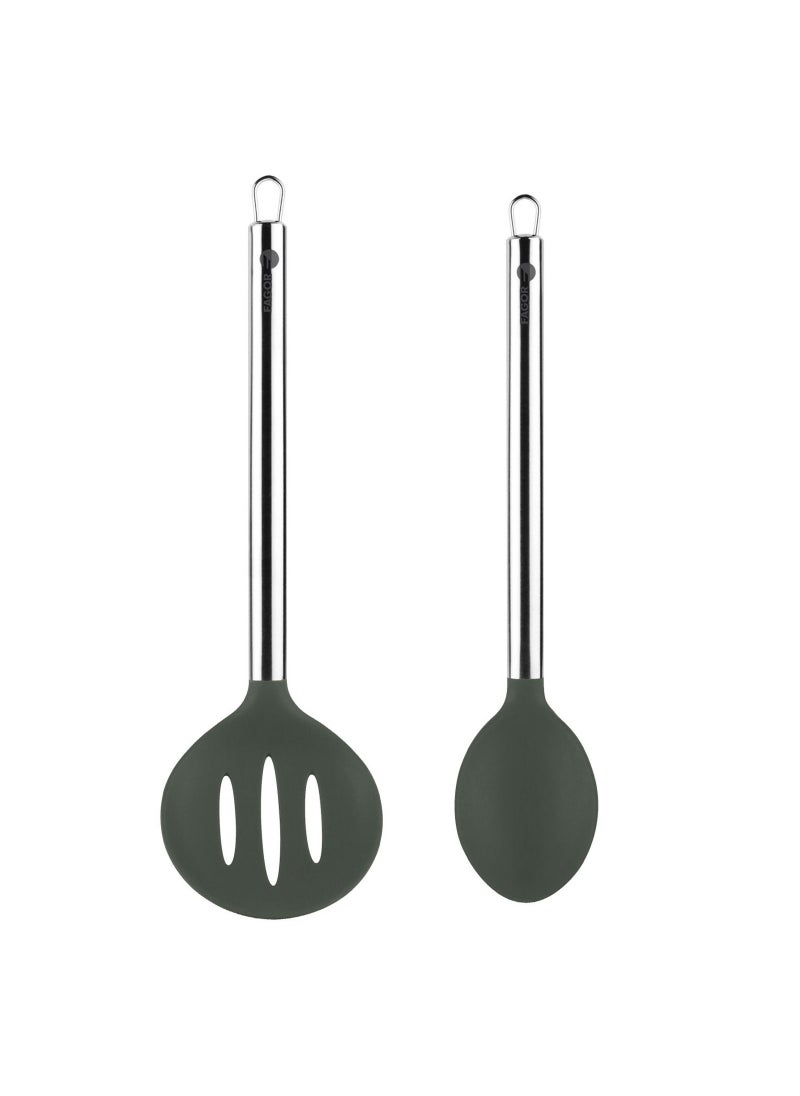 fagor Melier Silicone Set (Solid Spoon Scoop + Skimmer Slotted Spoon)  With Stainless Steel Handle  - Image 1