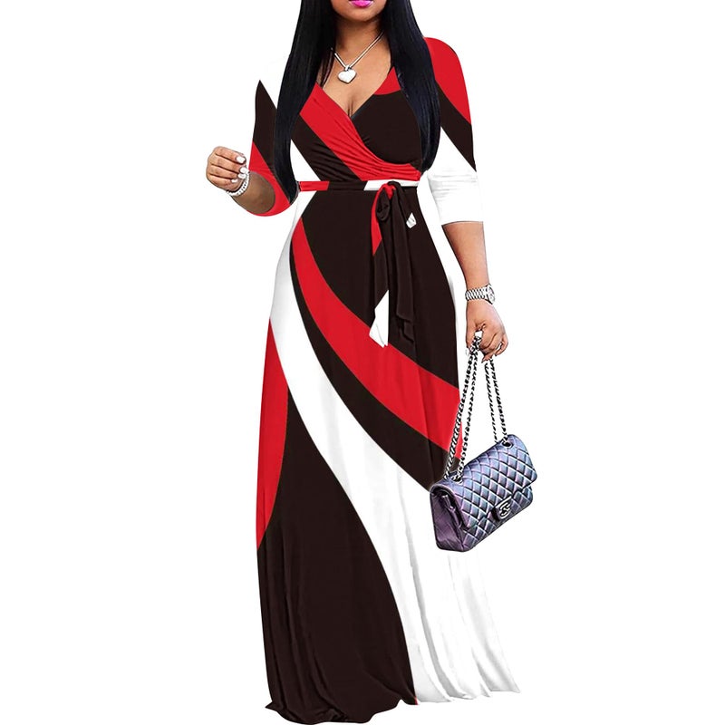 FANDEE Plus Size Maxi Dress for Women Casual Summer Sundress V-Neck 3/4 Sleeve(002-red & Black Stripes,X-Large) - Image 1
