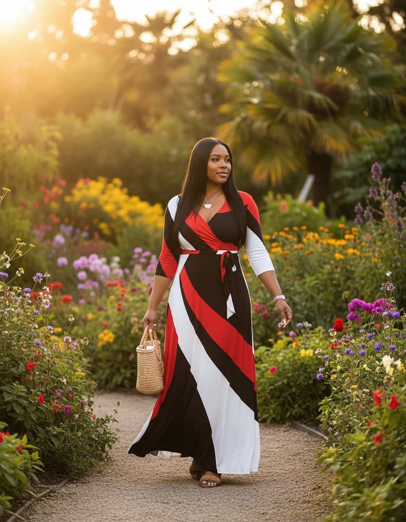 FANDEE Plus Size Maxi Dress for Women Casual Summer Sundress V-Neck 3/4 Sleeve(002-red & Black Stripes,X-Large) - Image 5
