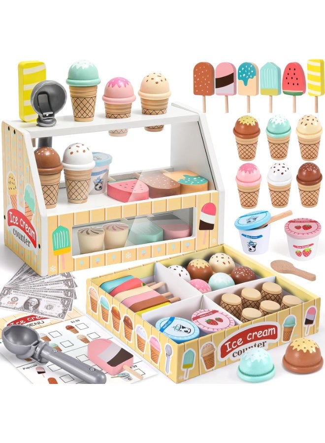 LBMT Wooden Ice Cream Counter Playset for Toddler, Play Store Pretend Toy Food Play Kitchen Accessories with Fake Money & Coin,Play Ice Cream Scoop and Serve,Play Kitchen Sets for Kids Ages 3+ - Image 1