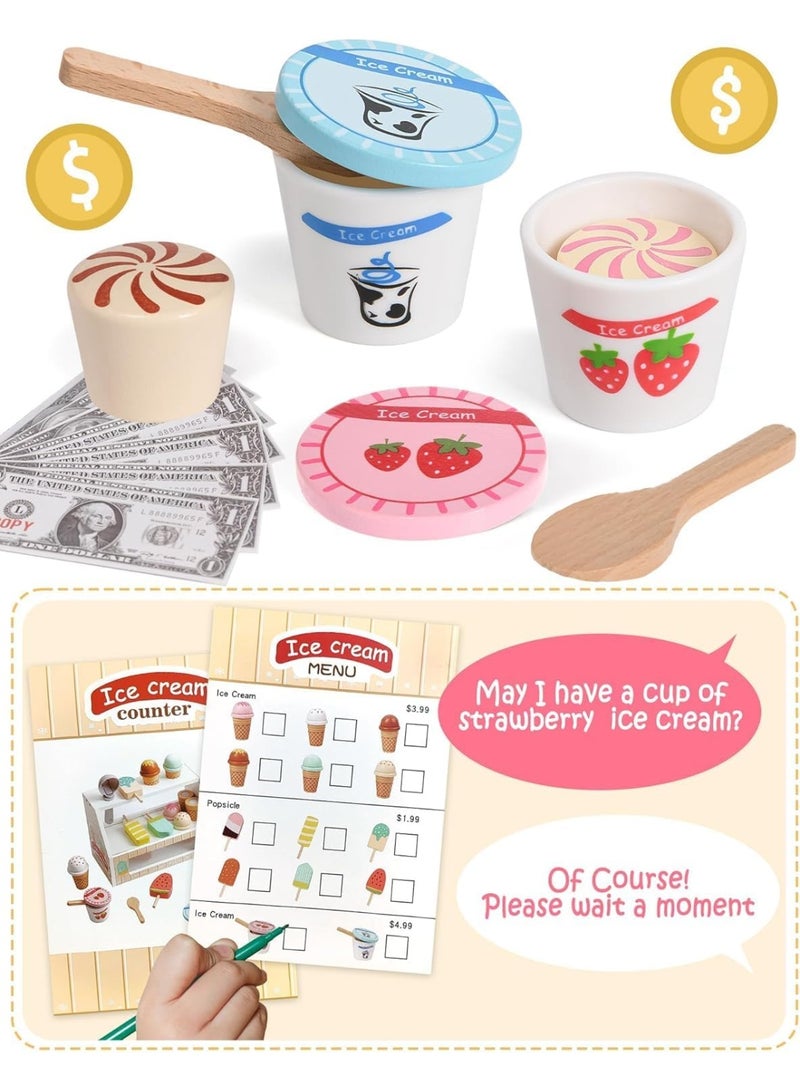 LBMT Wooden Ice Cream Counter Playset for Toddler, Play Store Pretend Toy Food Play Kitchen Accessories with Fake Money & Coin,Play Ice Cream Scoop and Serve,Play Kitchen Sets for Kids Ages 3+ - Image 3