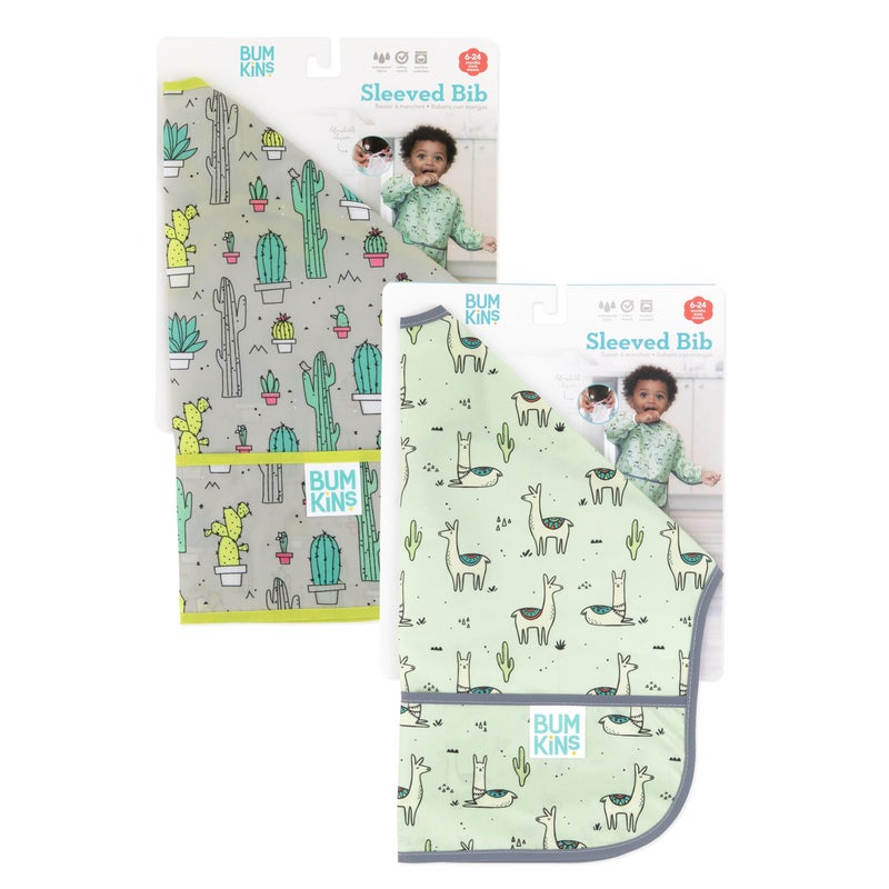 Bumkins - Sleeved Bib - For Boys & Girls, Babies & Toddlers 6-24 Months - Lightweight, Durable, Waterproof - Long Sleeve Bib - Catch-All Pocket - Wipeable & Machine Washable - Cactus & Llama - 2 Pack - Image 5