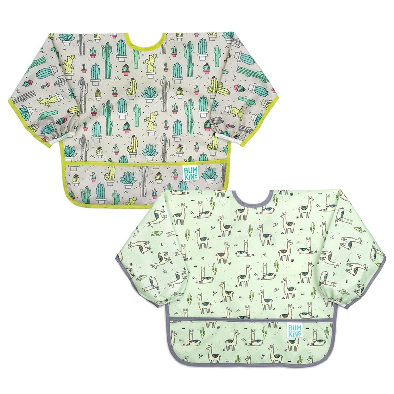 Bumkins - Sleeved Bib - For Boys & Girls, Babies & Toddlers 6-24 Months - Lightweight, Durable, Waterproof - Long Sleeve Bib - Catch-All Pocket - Wipeable & Machine Washable - Cactus & Llama - 2 Pack - Image 1