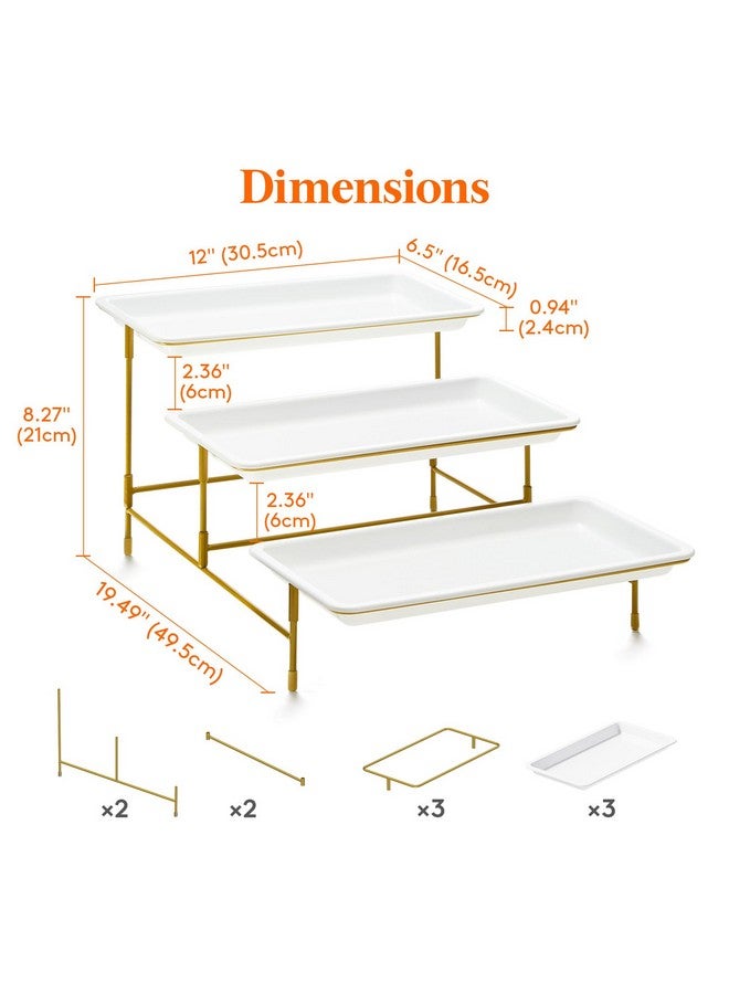 Lifewit Lifewit 3 Tier Plastic Serving Tray for Party Supplies, 12" x 6.5" Crack-Proof Platters for Serving Food, White Reusable Trays with Gold Metal Display Stand for Veggie, Fruit, Cookies, Dessert - Image 2