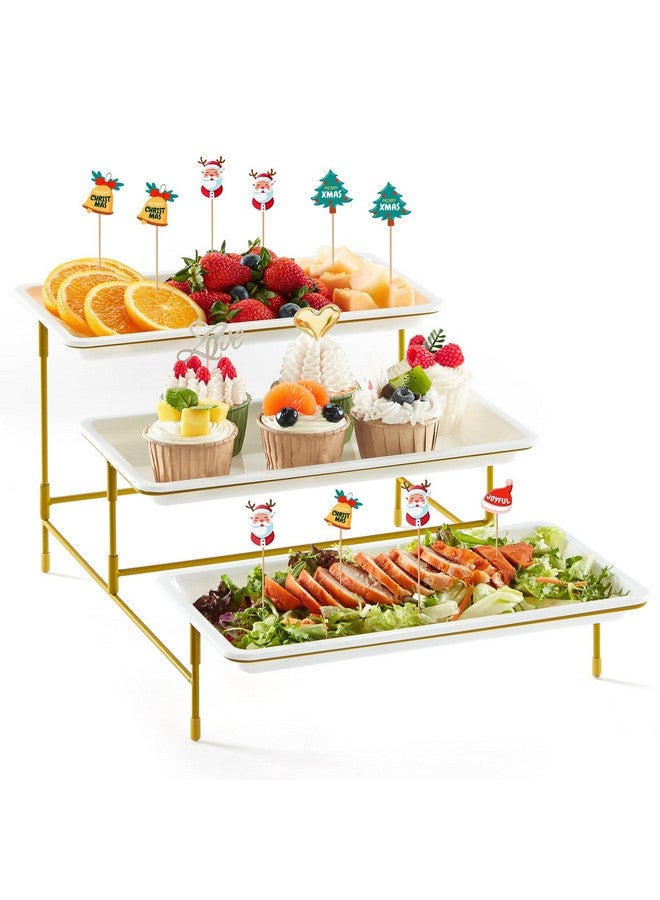 Lifewit Lifewit 3 Tier Plastic Serving Tray for Party Supplies, 12" x 6.5" Crack-Proof Platters for Serving Food, White Reusable Trays with Gold Metal Display Stand for Veggie, Fruit, Cookies, Dessert - Image 1