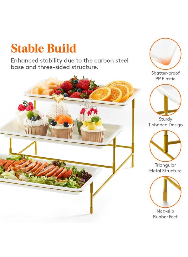 Lifewit Lifewit 3 Tier Plastic Serving Tray for Party Supplies, 12" x 6.5" Crack-Proof Platters for Serving Food, White Reusable Trays with Gold Metal Display Stand for Veggie, Fruit, Cookies, Dessert - Image 5