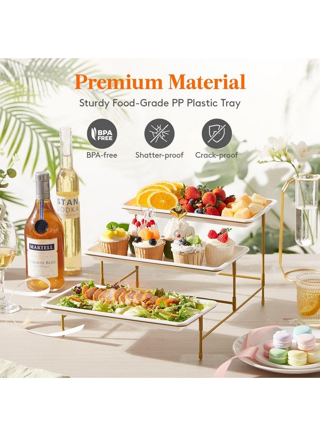 Lifewit Lifewit 3 Tier Plastic Serving Tray for Party Supplies, 12" x 6.5" Crack-Proof Platters for Serving Food, White Reusable Trays with Gold Metal Display Stand for Veggie, Fruit, Cookies, Dessert - Image 4