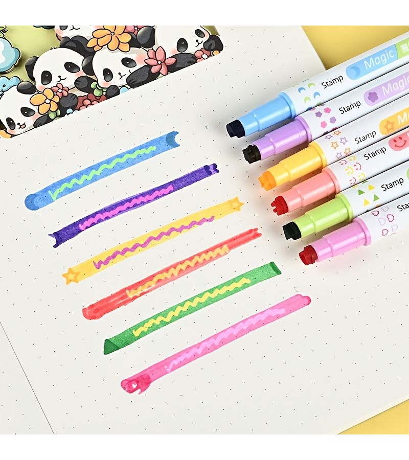 6pcs Dual Ended Magic Color Changing Stamp Pen Set Highlighters Markers for Students Note Organization - Image 1