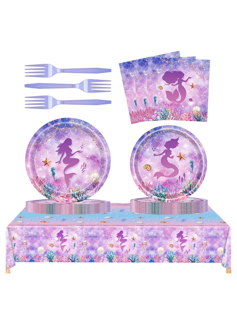 Excefore Mermaid Birthday Decorations Party Tableware Set, 69 Pcs Mermaid Themed Party Supplies Party Plates Napkins Forks for 16 Guests Kids Little Mermaid Party Decorations Baby Shower Supplies - Image 1