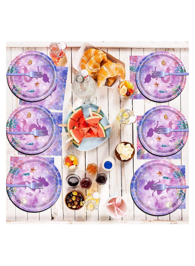 Excefore Mermaid Birthday Decorations Party Tableware Set, 69 Pcs Mermaid Themed Party Supplies Party Plates Napkins Forks for 16 Guests Kids Little Mermaid Party Decorations Baby Shower Supplies - Image 4