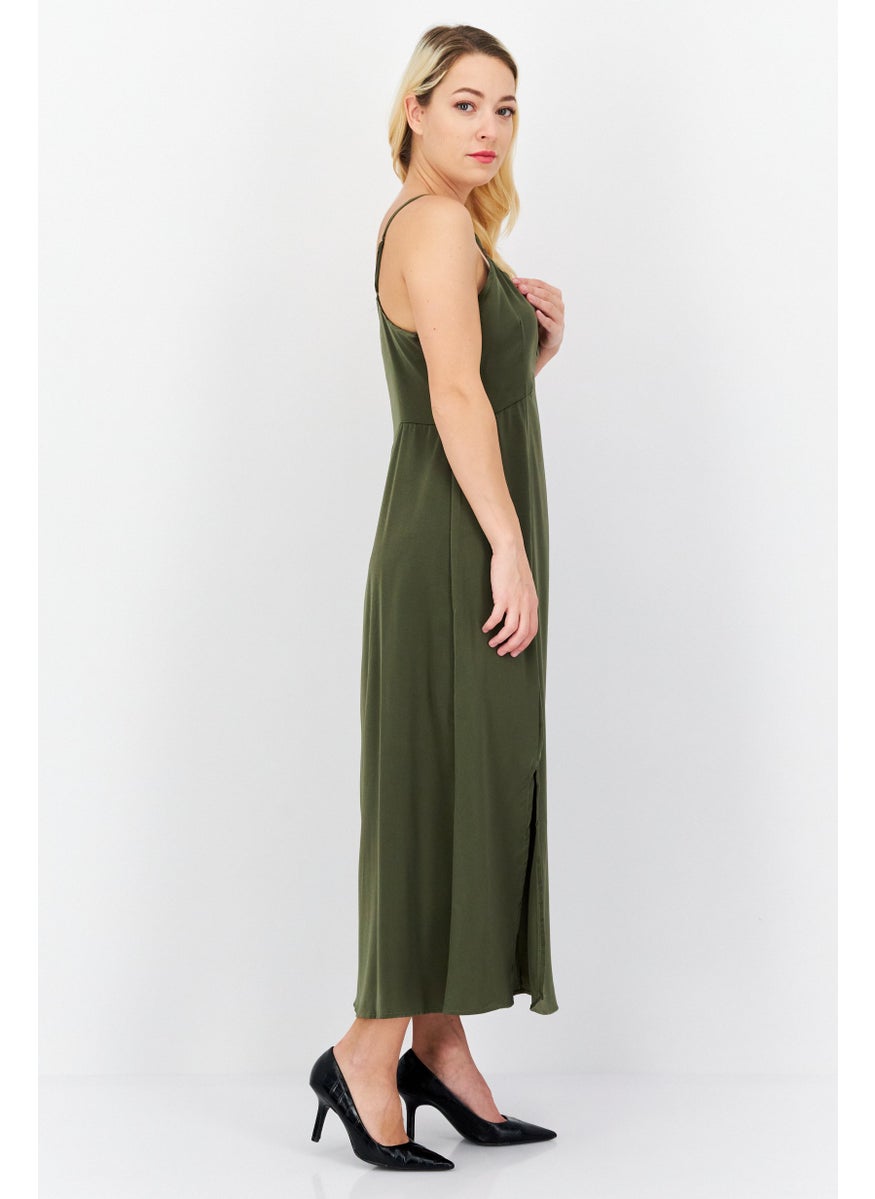 French Connection Women Solid Midi Casual Dress, Olive  - Image 3