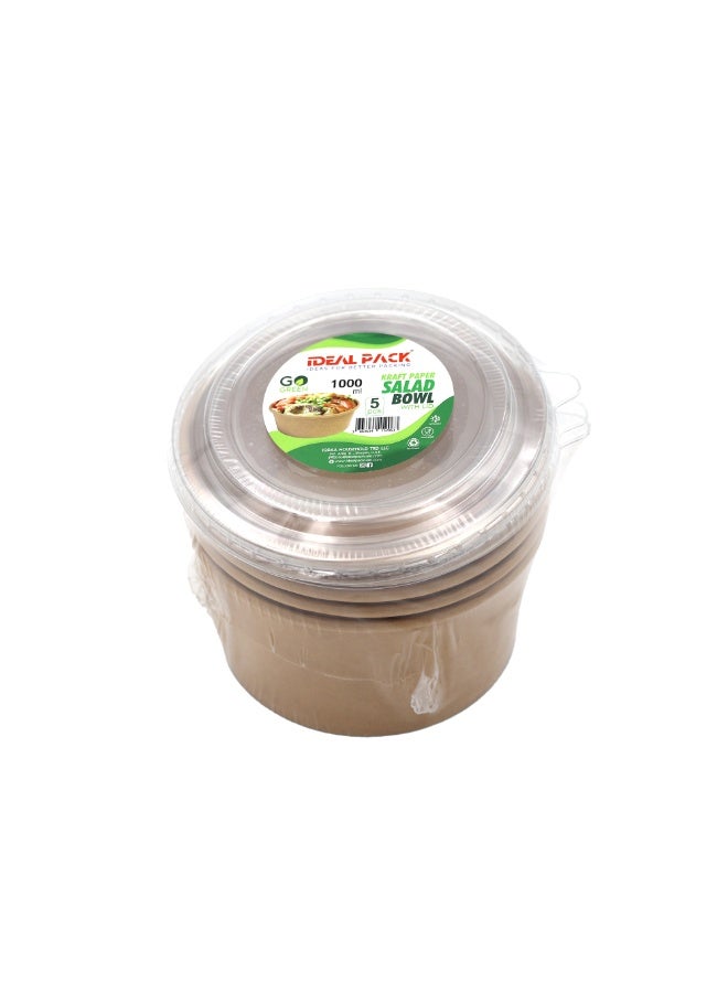 IDEAL PACK Kraft Paper Salad Bowls with Lids 5 PCS Eco Friendly Disposable Salad Containers Leak Proof Biodegradable Bowls for Salads Noodles Soups & Takeaway - Image 1