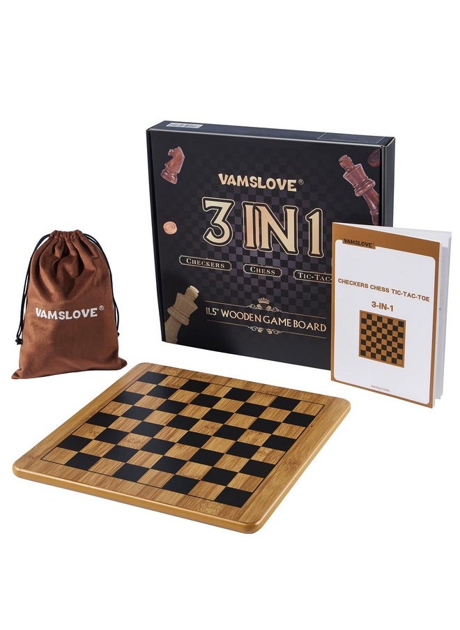 Vamslove Checkers Chess Tictactoe Game Set 11.5" X 11.5" Doublesided 3 In 1 Board With Chess Pieces King 2.5" + 2 Extra Queens + Interlocking Checkers Storage Bag Detailed Instructions Included  - Image 3