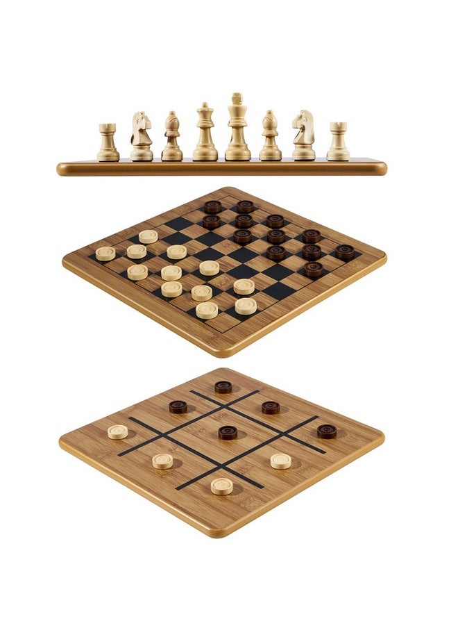 Vamslove Checkers Chess Tictactoe Game Set 11.5" X 11.5" Doublesided 3 In 1 Board With Chess Pieces King 2.5" + 2 Extra Queens + Interlocking Checkers Storage Bag Detailed Instructions Included  - Image 1