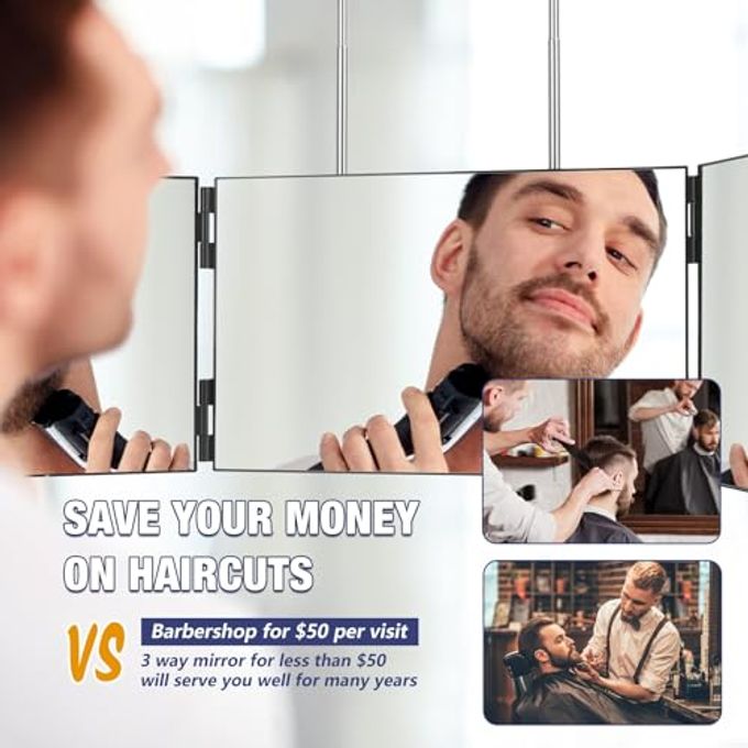 Dripex 3 Way Mirror for Men or Women, 360 Trifold Self Haircut Mirror with Height Adjustable Hooks, for Makeup, Styling, Shaving, Braiding, Dye Hair (Black Without Led) - Image 3