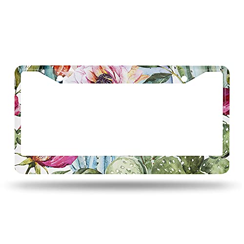 Beabes Watercolor Catus License Plate Frame Pink Flower Tropical License Plate Holder Cactus Summer Car Tag Frame License Plate Car Accessories 2 Holes Novelty Auto Car Tag Vanity Present - Image 2