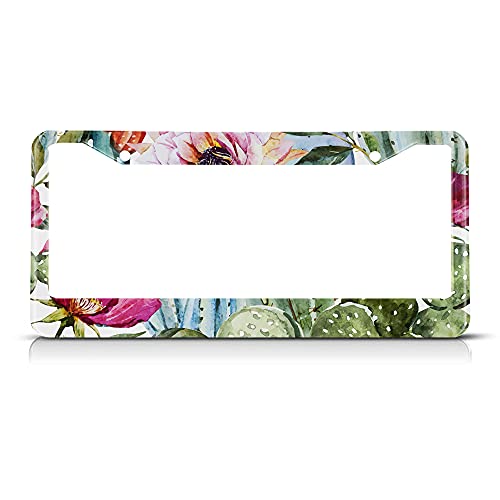 Beabes Watercolor Catus License Plate Frame Pink Flower Tropical License Plate Holder Cactus Summer Car Tag Frame License Plate Car Accessories 2 Holes Novelty Auto Car Tag Vanity Present - Image 1