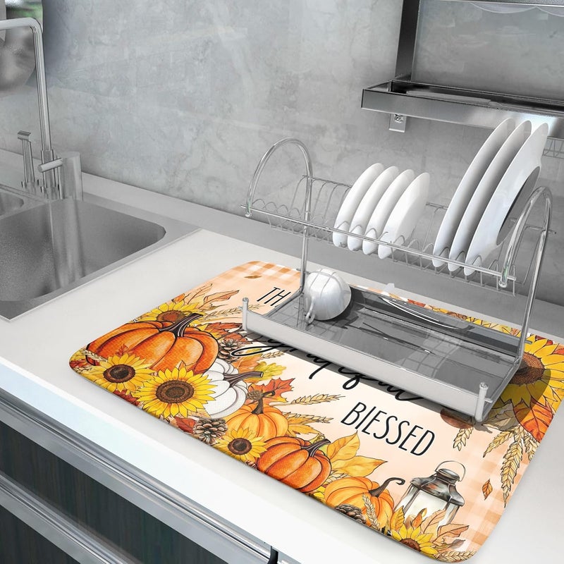 Giwawa Autumn Pumpkins Dish Drying Mat for Kitchen Countertop, Fall Sunflowers Thankful Grateful Blessed Dish Drainer Mats 18x24in, Thanksgiving Harvest Decorative Reversible Dish Drying Pad - Image 5