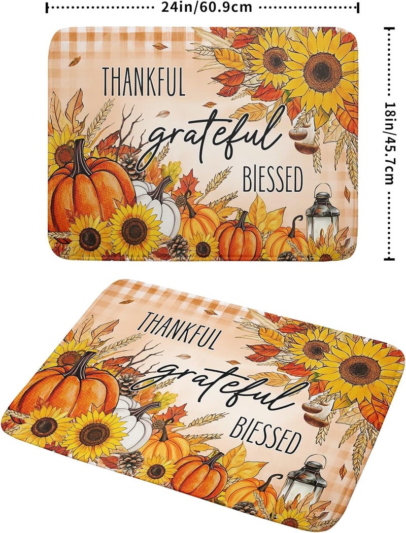 Giwawa Autumn Pumpkins Dish Drying Mat for Kitchen Countertop, Fall Sunflowers Thankful Grateful Blessed Dish Drainer Mats 18x24in, Thanksgiving Harvest Decorative Reversible Dish Drying Pad - Image 2