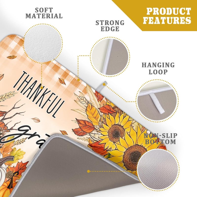 Giwawa Autumn Pumpkins Dish Drying Mat for Kitchen Countertop, Fall Sunflowers Thankful Grateful Blessed Dish Drainer Mats 18x24in, Thanksgiving Harvest Decorative Reversible Dish Drying Pad - Image 4