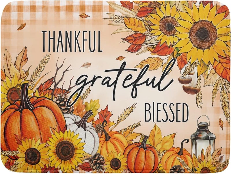Giwawa Autumn Pumpkins Dish Drying Mat for Kitchen Countertop, Fall Sunflowers Thankful Grateful Blessed Dish Drainer Mats 18x24in, Thanksgiving Harvest Decorative Reversible Dish Drying Pad - Image 1