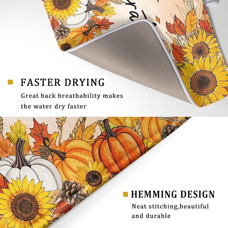 Giwawa Autumn Pumpkins Dish Drying Mat for Kitchen Countertop, Fall Sunflowers Thankful Grateful Blessed Dish Drainer Mats 18x24in, Thanksgiving Harvest Decorative Reversible Dish Drying Pad - Image 3