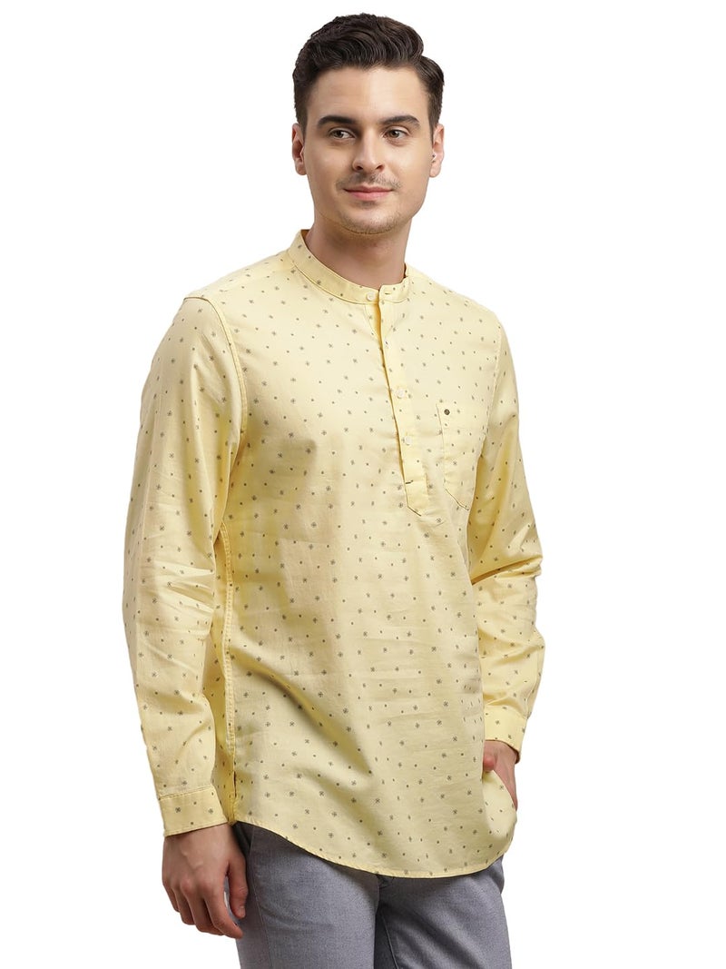 Turtle Men 100% Cotton Slim Fit Yellow Printed Kurta Shirt - Image 1