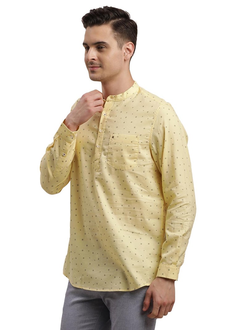 Turtle Men 100% Cotton Slim Fit Yellow Printed Kurta Shirt - Image 3