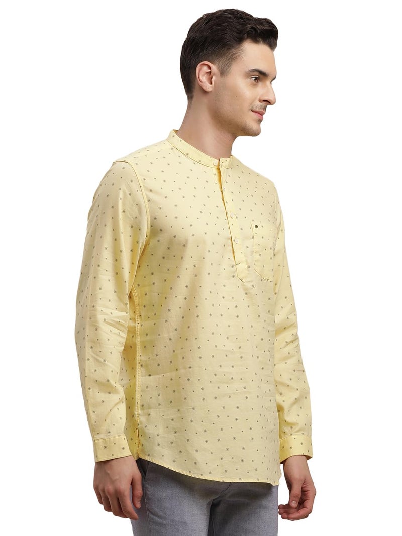 Turtle Men 100% Cotton Slim Fit Yellow Printed Kurta Shirt - Image 4