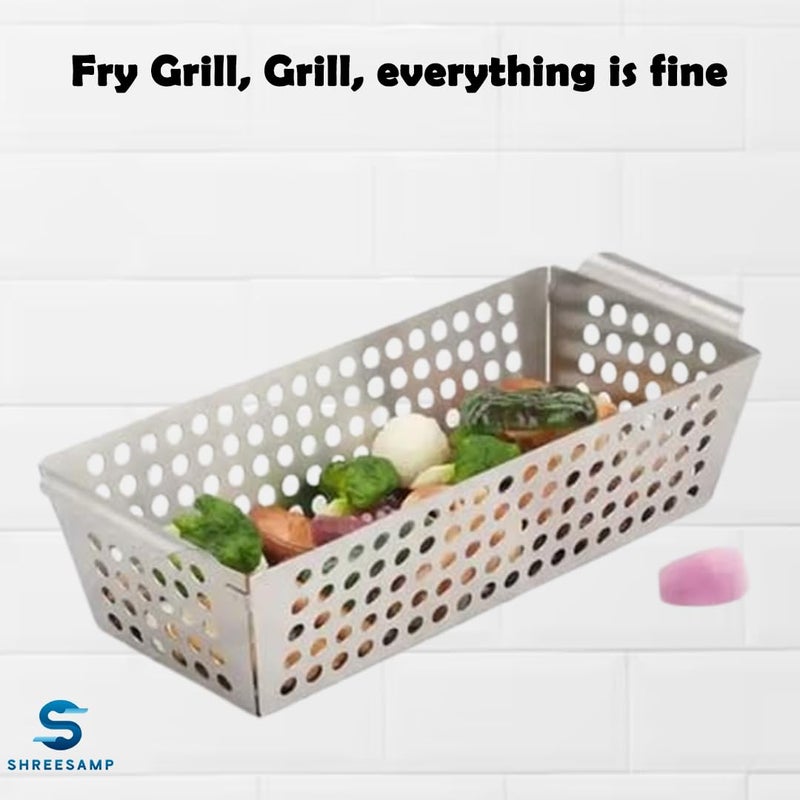 SHREESAMP Stainless Steel Outdoor Seafood Grill Basket For Vegetables And Fish Grilling Pans BBQ Accessories Non-Stick Hole Trays With Topper Double Handles Dishwasher Safe [ 31.5X 12.5X 7.5 CM ] - Image 3