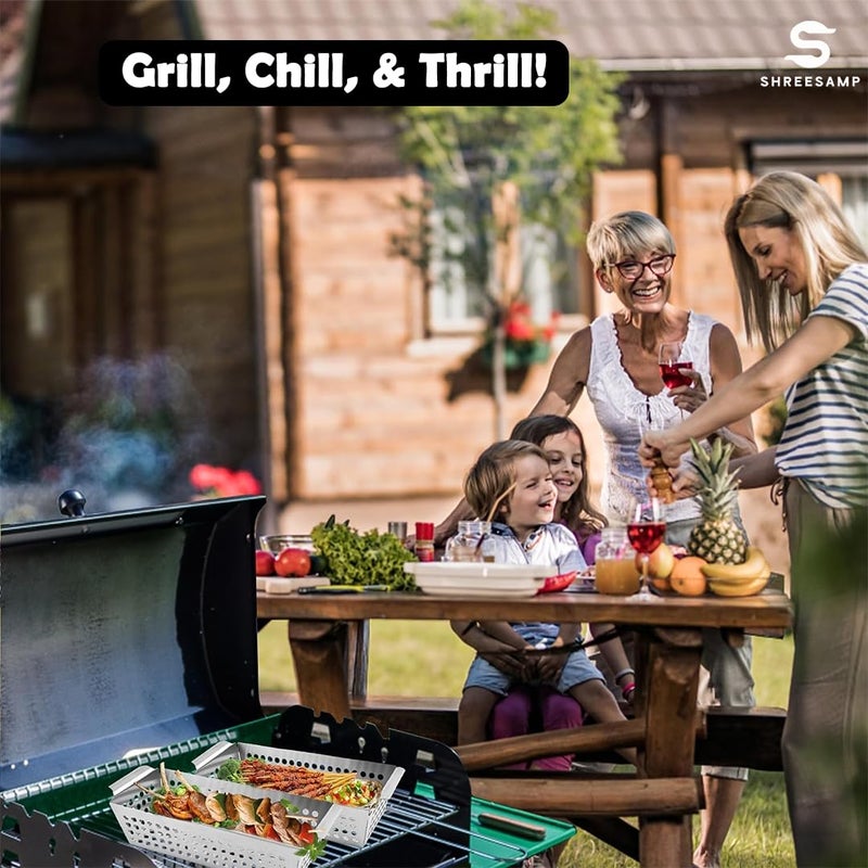 SHREESAMP Stainless Steel Outdoor Seafood Grill Basket For Vegetables And Fish Grilling Pans BBQ Accessories Non-Stick Hole Trays With Topper Double Handles Dishwasher Safe [ 31.5X 12.5X 7.5 CM ] - Image 5
